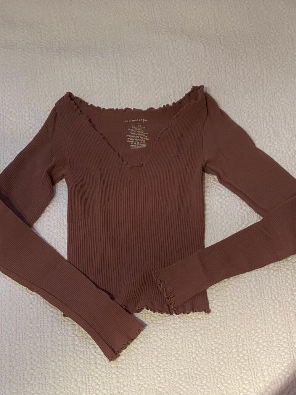 Intimately Free People Ribbed V-Neck Lettuce Edge Long Sleeve Top XS/S